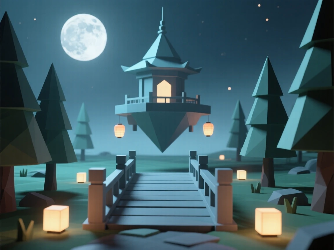 A moonlit bridge leading to a floating temple, within a forest lit by floating lanterns. the scale of the scene emphasizes its grandeur. A sense of quiet enchantment fills the air.