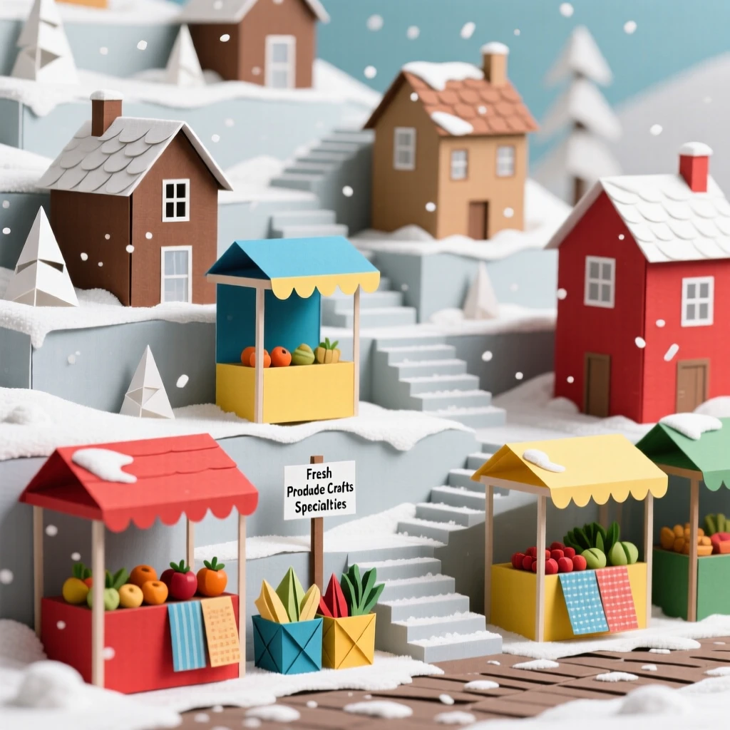 A terraced hillside village dusted lightly with fresh snow, with vibrant market stalls scattered about, conveying vibrant local energy.