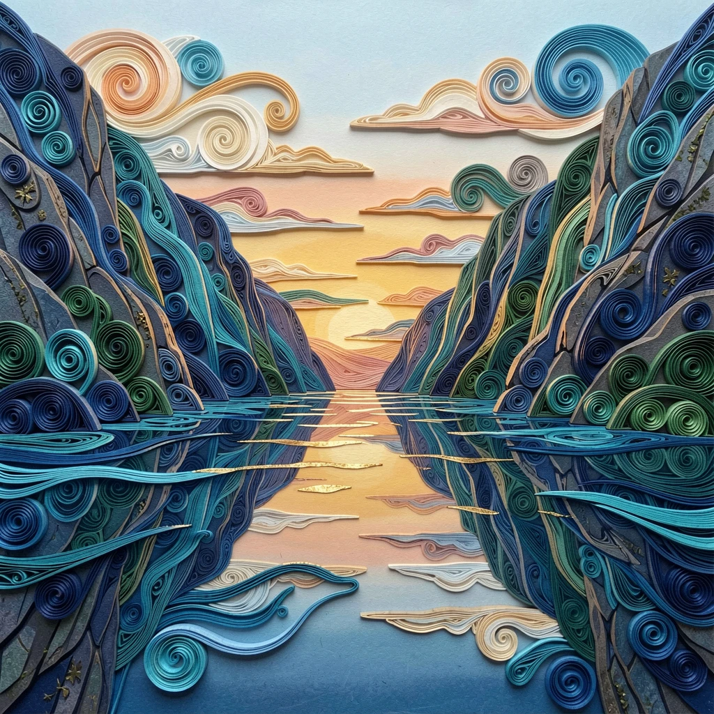 a Norwegian fjord flanked by towering cliffs, beneath a sky painted in soft sunset gradients, shown reflected symmetrically in calm water below, in a rich palette of blue, teal, and gold.