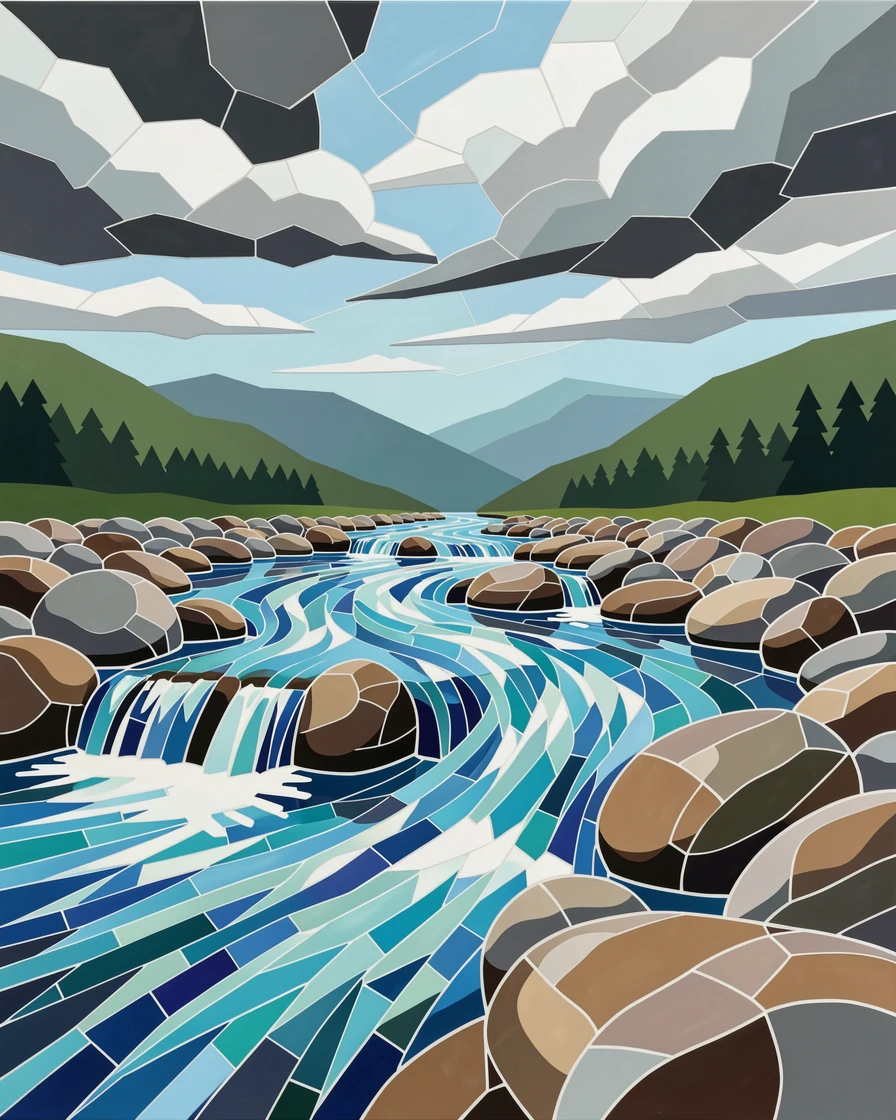 A wide panoramic view of a crystal-clear mountain stream tumbling over smooth river stones, with dramatic clouds and rich natural color.