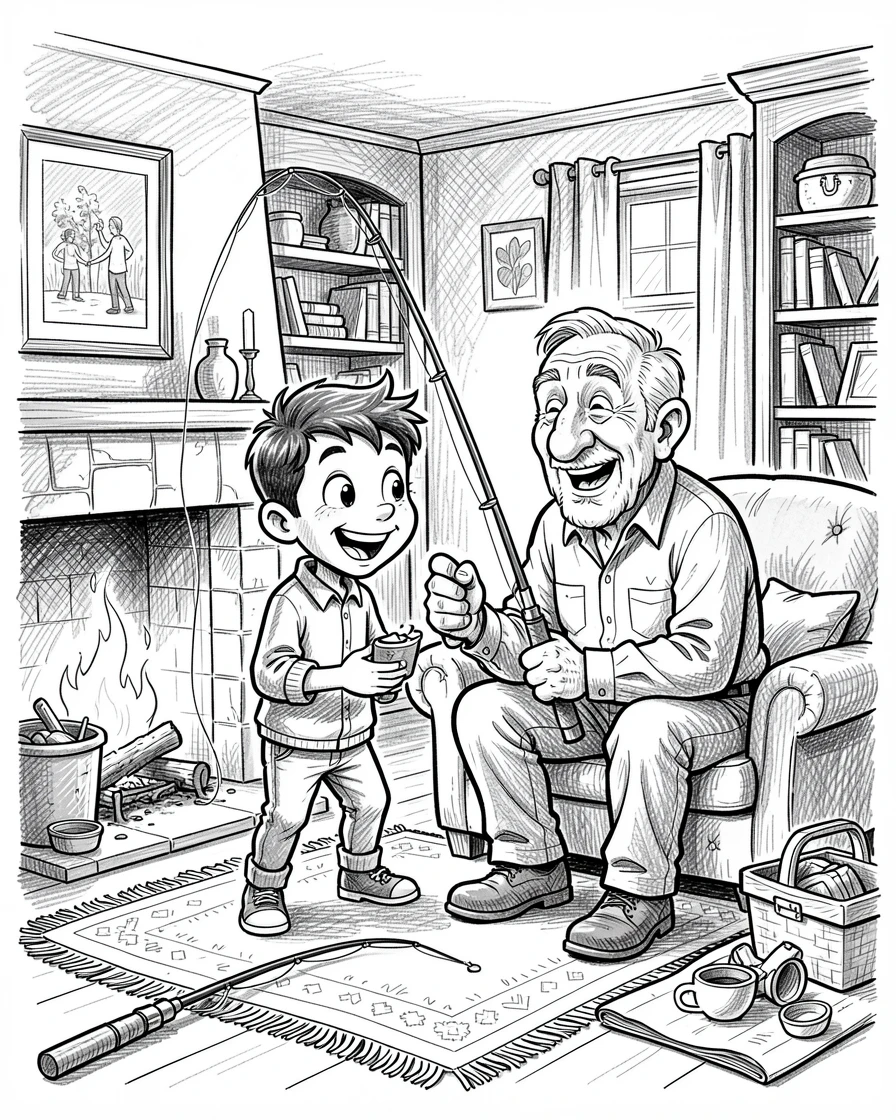 A little boy fishing with his grandfather in a cozy living room by the fireplace.
