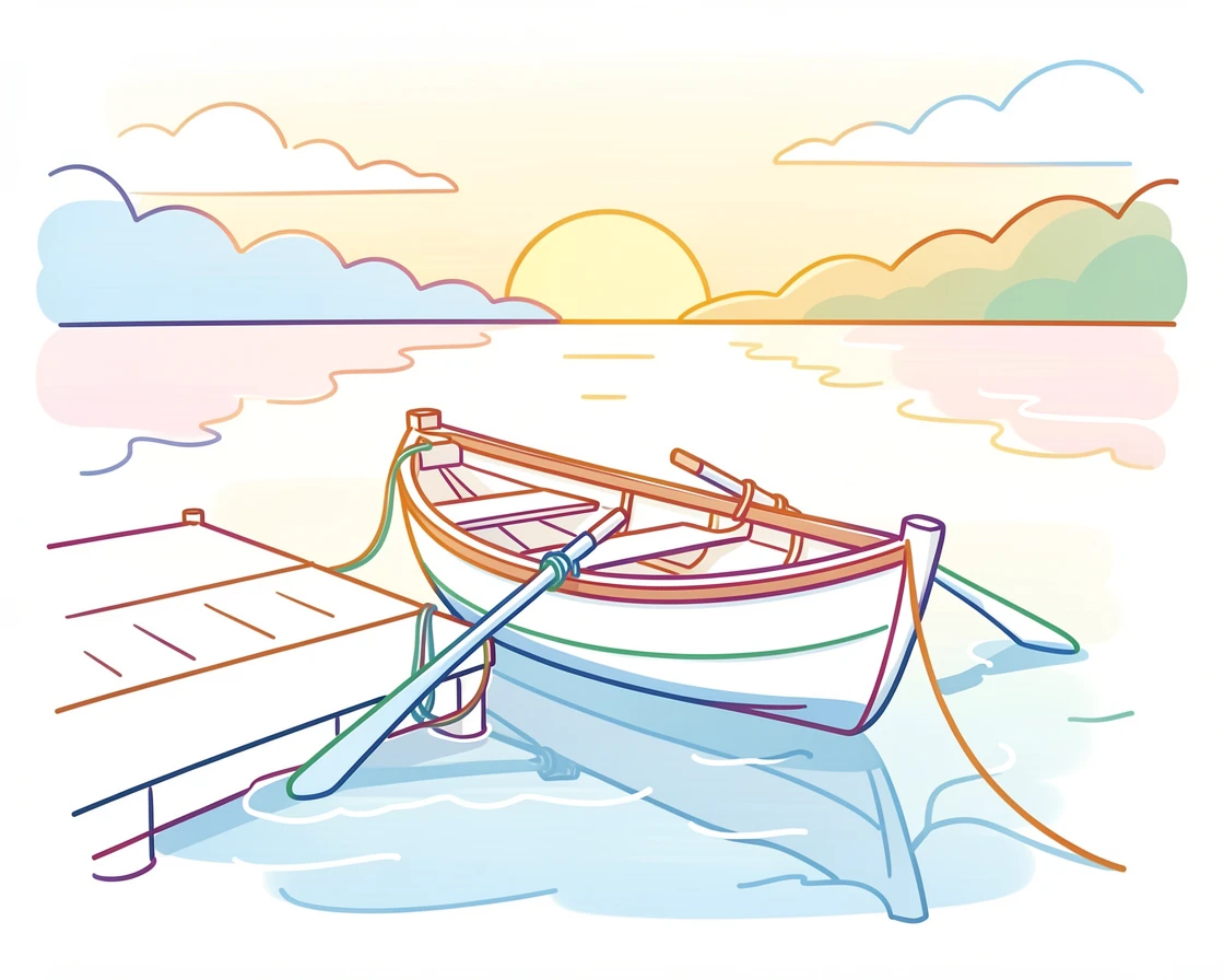 A rowing boat tied to a dock on a still lake at sunrise.