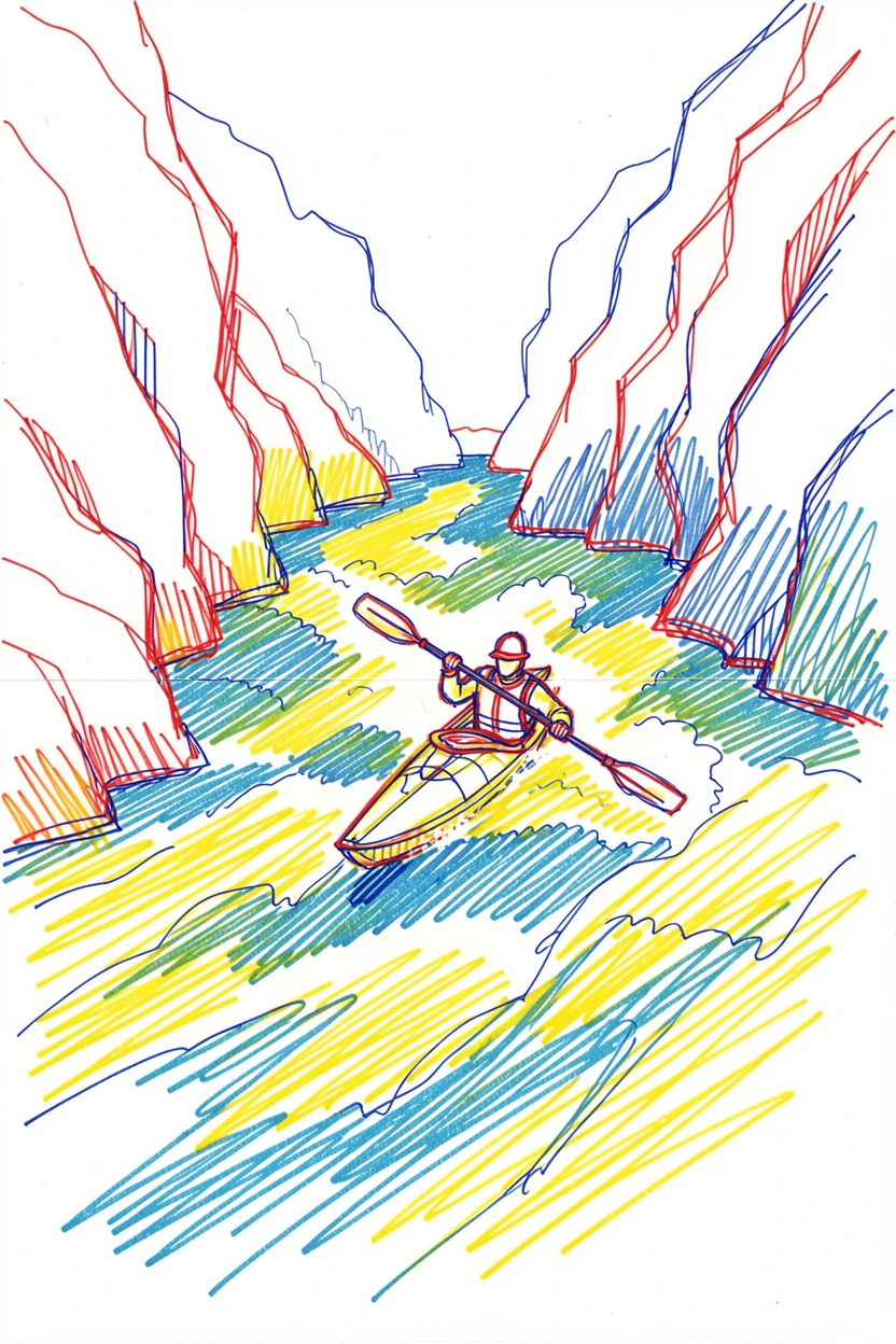A kayaker navigating whitewater rapids through a rocky river gorge
