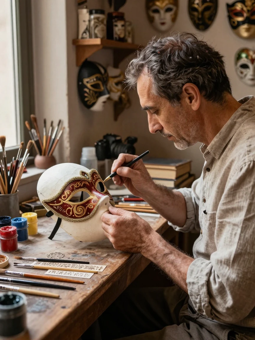 A traditional Venetian mask maker painting intricate details