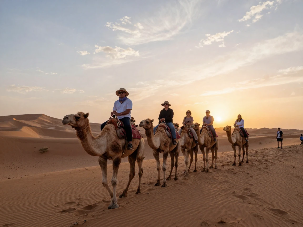 Tourists ride camels in single file across golden dunes as the sun dips low.