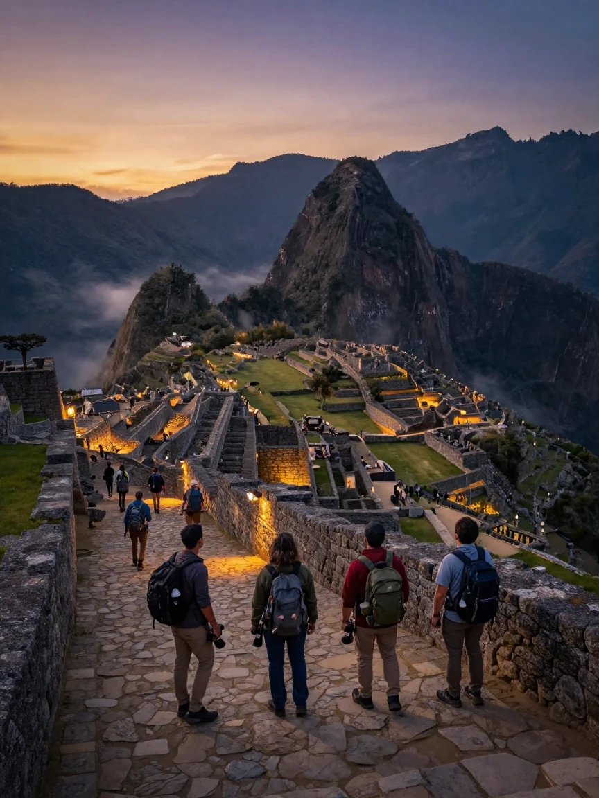 Travelers exploring a walled medieval city glowing at dusk deep within an ancient Andean valley