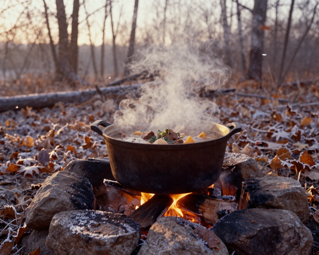 A pot of stew simmering gently over an open hearth fire, in the pale light just before sunrise, amid gently falling snow, in late autumn, dominated by warm amber and rust tones, from a slightly elevated vantage point.