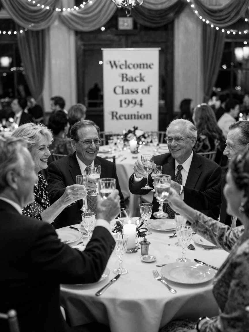 Old friends raise a toast at a class reunion in a decorated banquet hall.