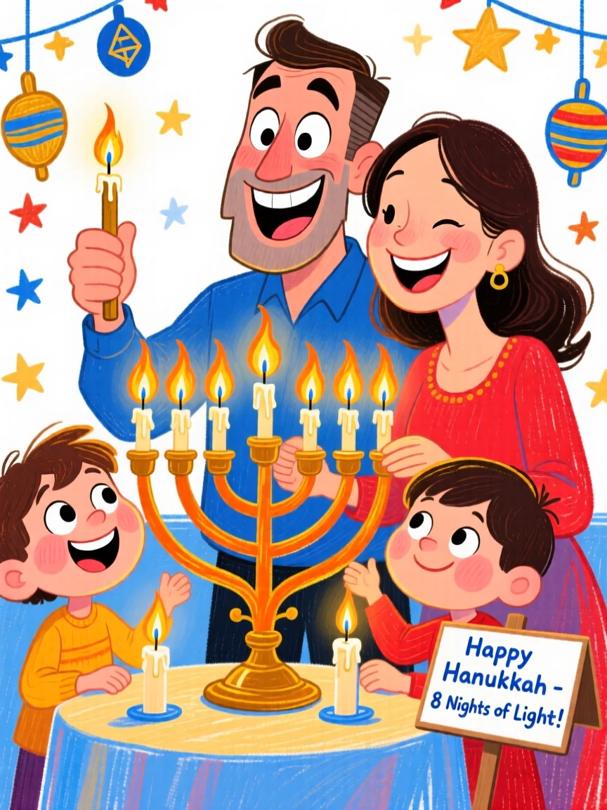 A family lighting the menorah together during the eight nights of Hanukkah.