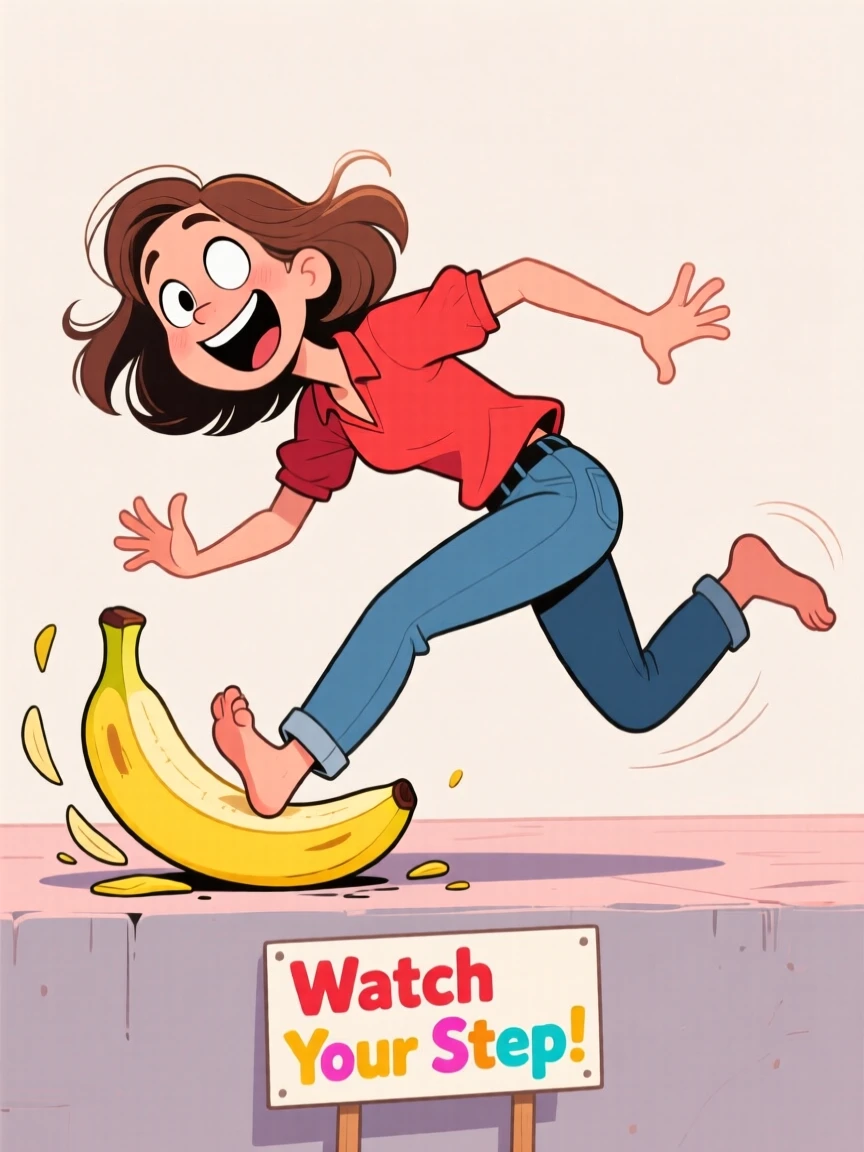A funny expressive moment showing a woman slipping comically on a banana peel mid-stride, with a sheepish grin afterward.