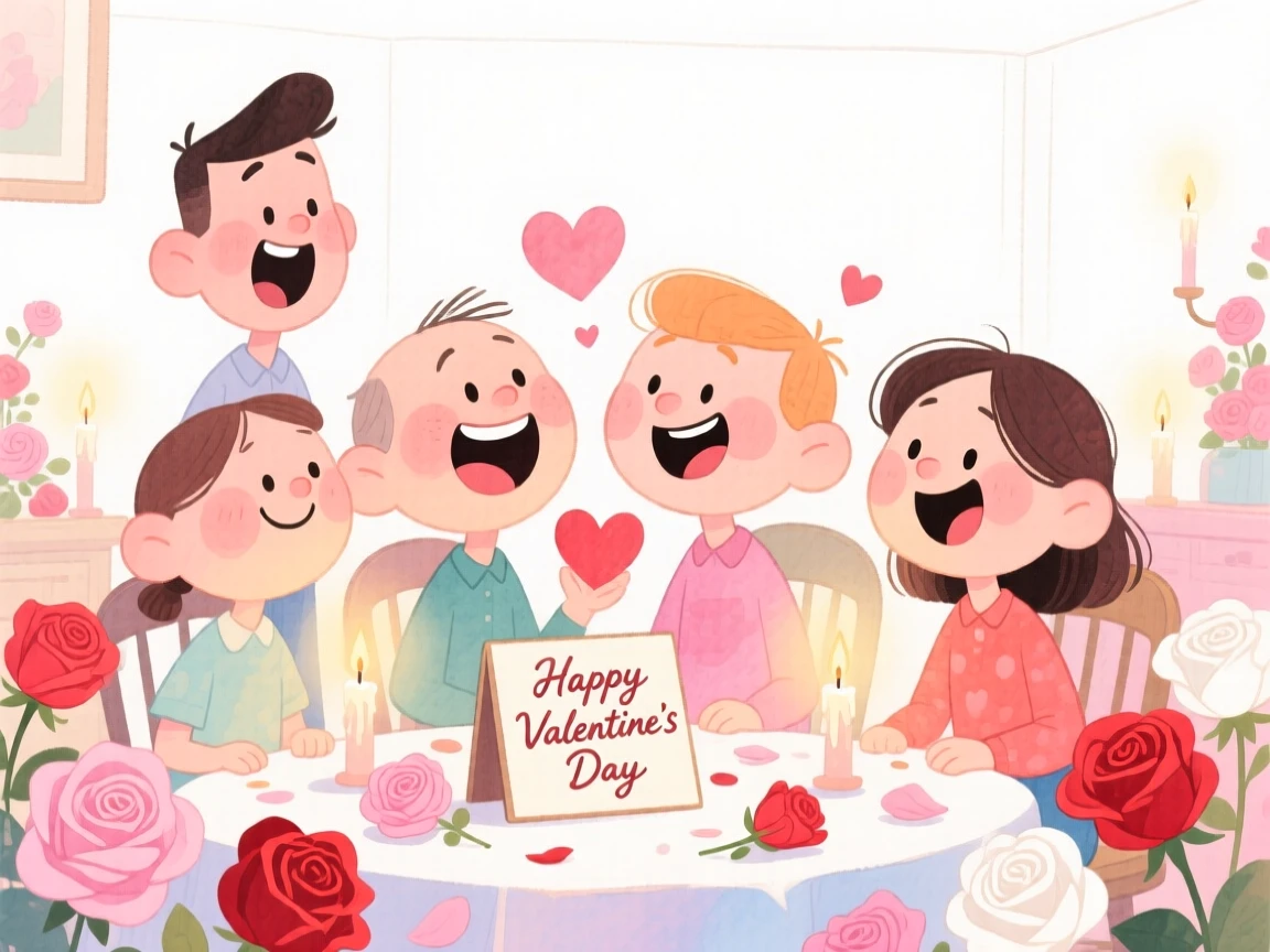 A joyful celebration scene of a Valentine's Day scene with roses and candlelight, bursting with color and joy