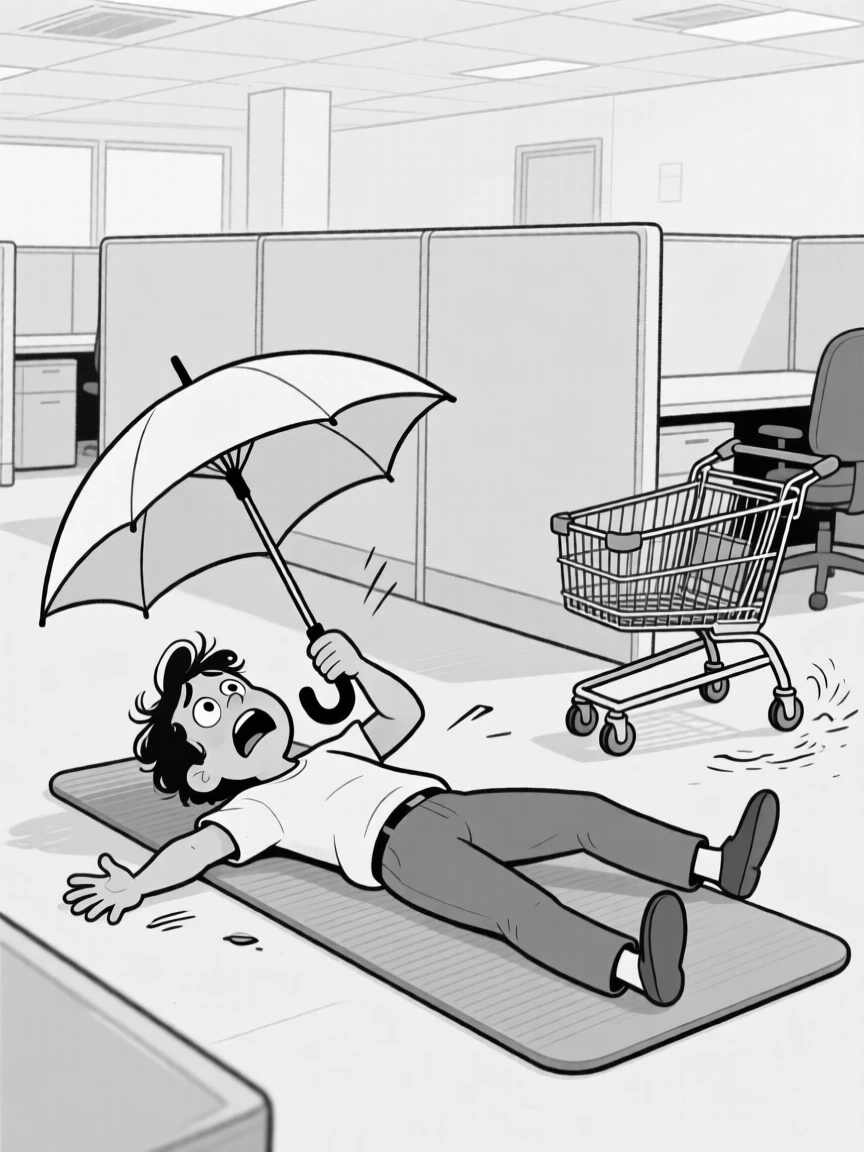 A person wrestling an umbrella that's turned inside out, sprawling flat on the gym mat in exaggerated defeat, set in a cubicle-filled open office. A shopping cart wheel spins uselessly in place. There's a warm, self-deprecating humor to the moment.