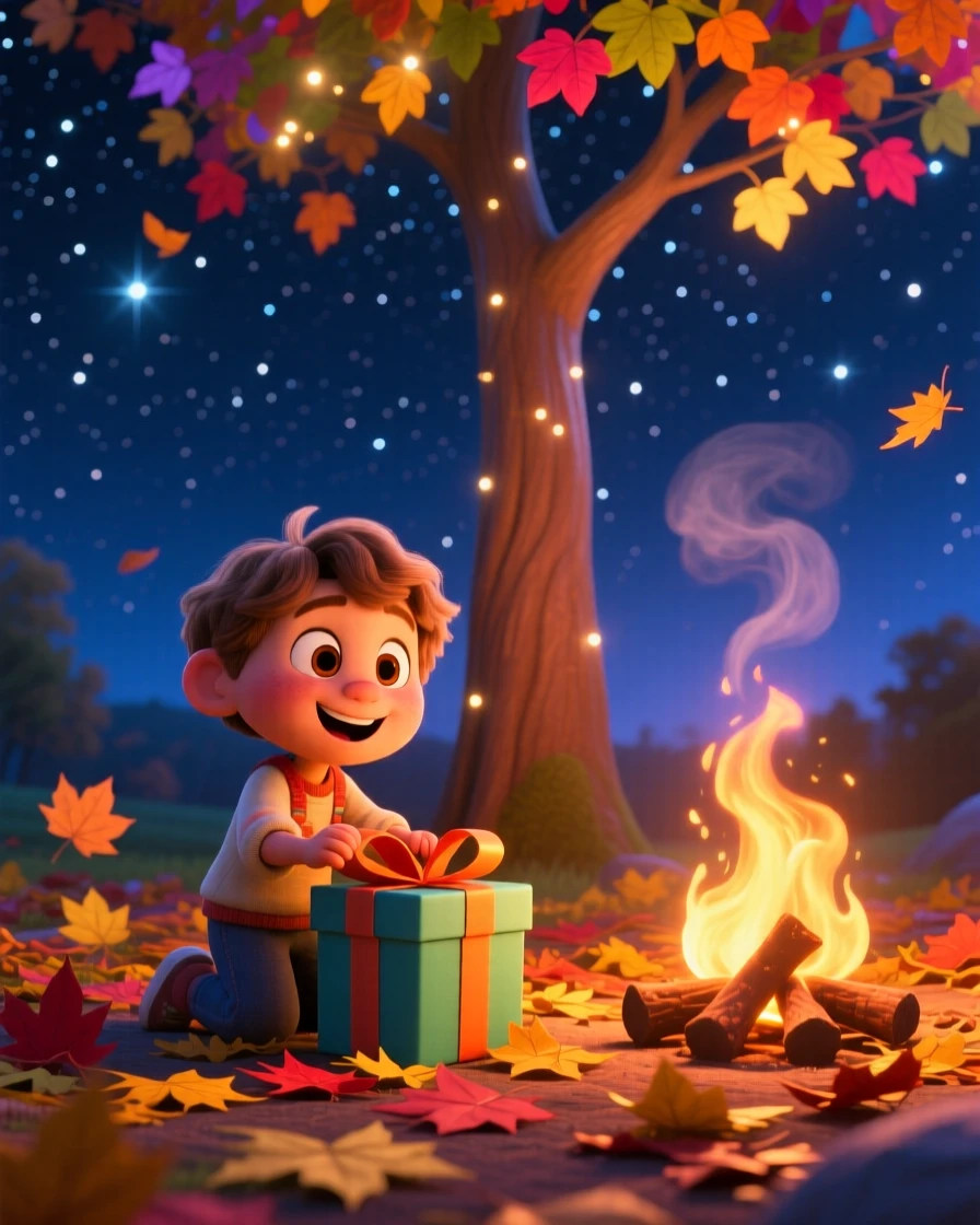 A child opening presents beside a glowing tree happens around a crackling bonfire under a starry sky, with colorful fallen leaves scattered underfoot. A bright, merry energy fills the entire scene.