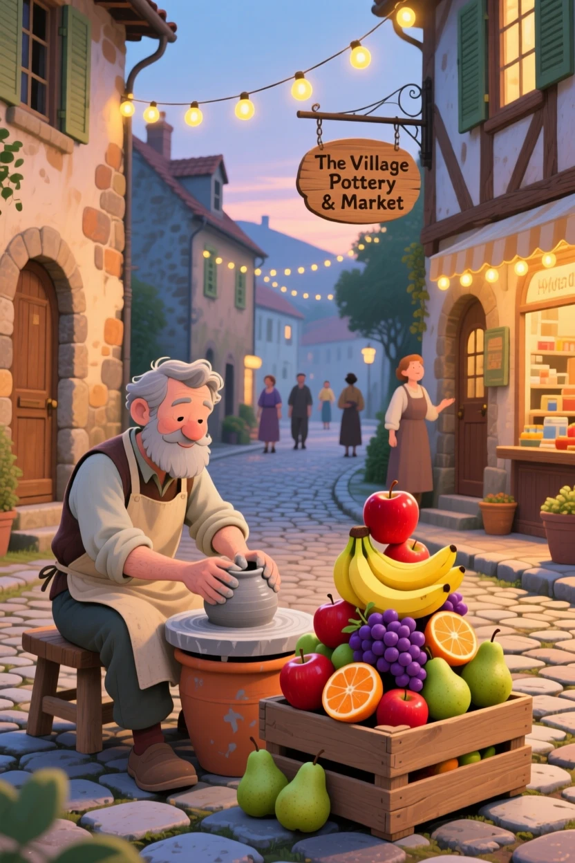 A potter shaping clay on a wheel pauses while arranging fruit into a colorful pyramid in a cobblestone village street, while string lights twinkle overhead.