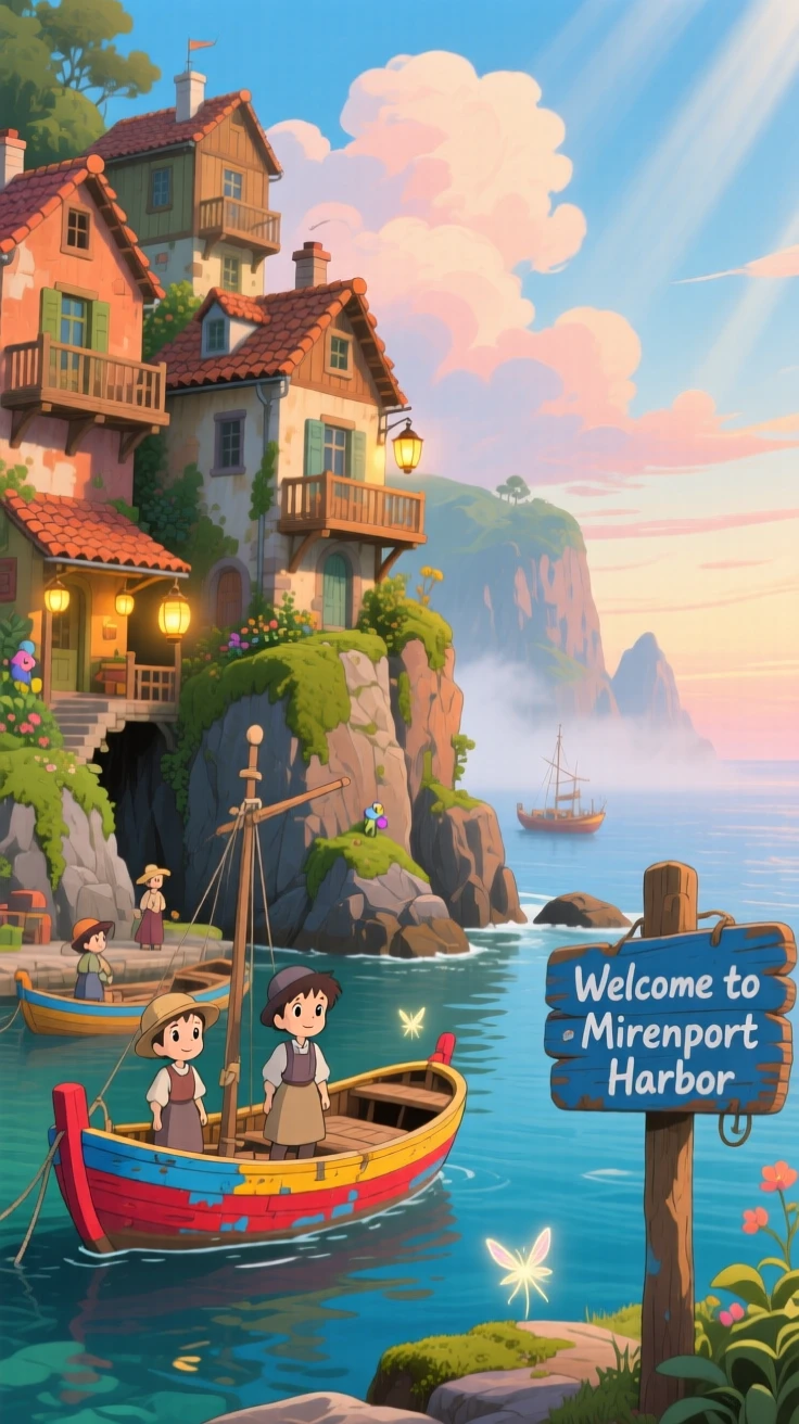 A scenic view of a coastal cliffside town with houses stacked above the water, as fishing boats bob gently in the harbor.