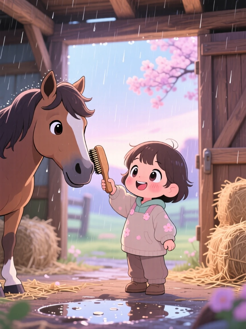 A child and a horse brushing its mane gently in a rustic countryside stable during a gentle spring rain shower; soft pastel light of dawn washes over the scene as delighted joy fills the moment. Waist-up portrait.