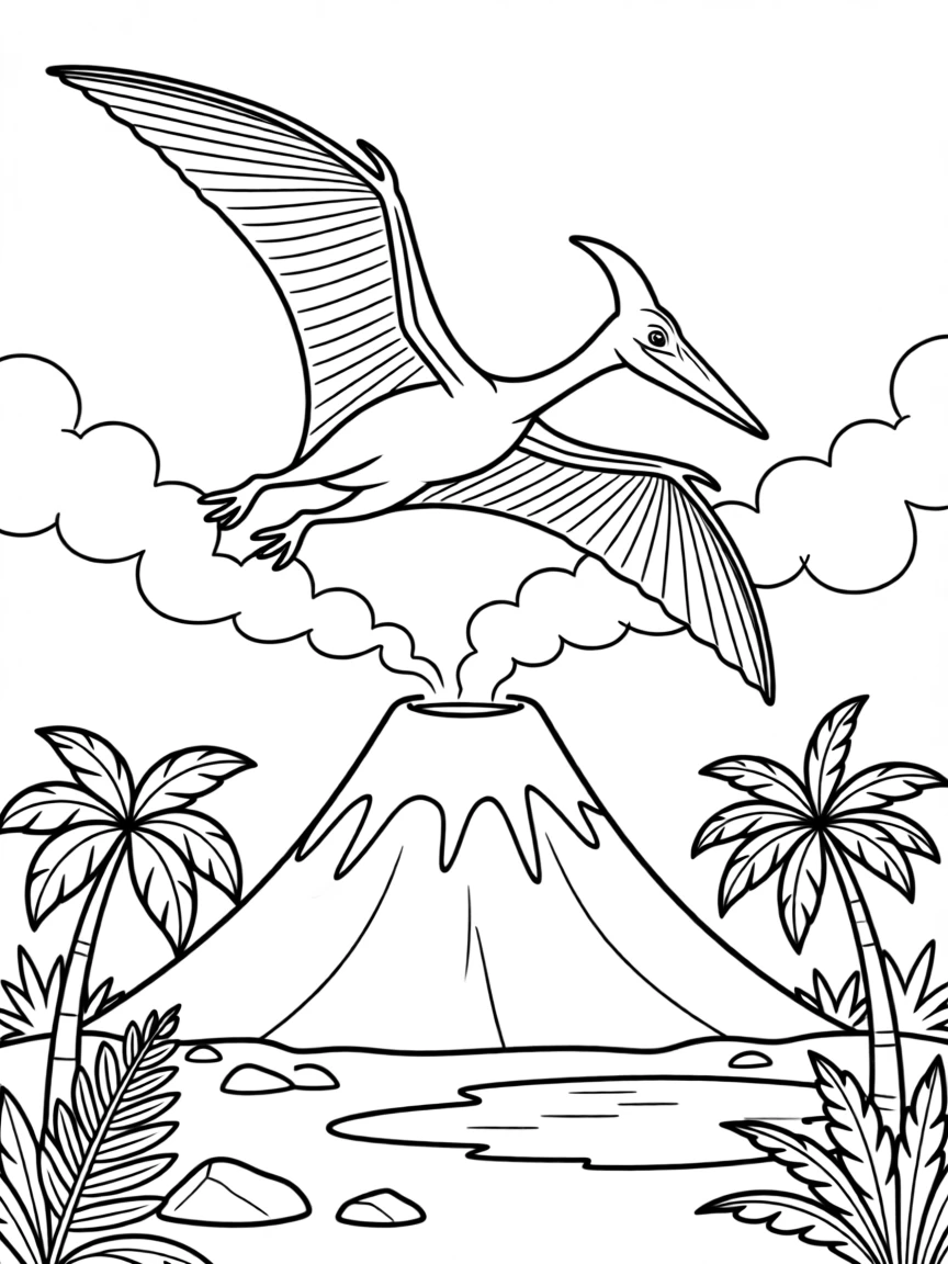 A Pterodactyl soaring above a volcano in prehistoric times