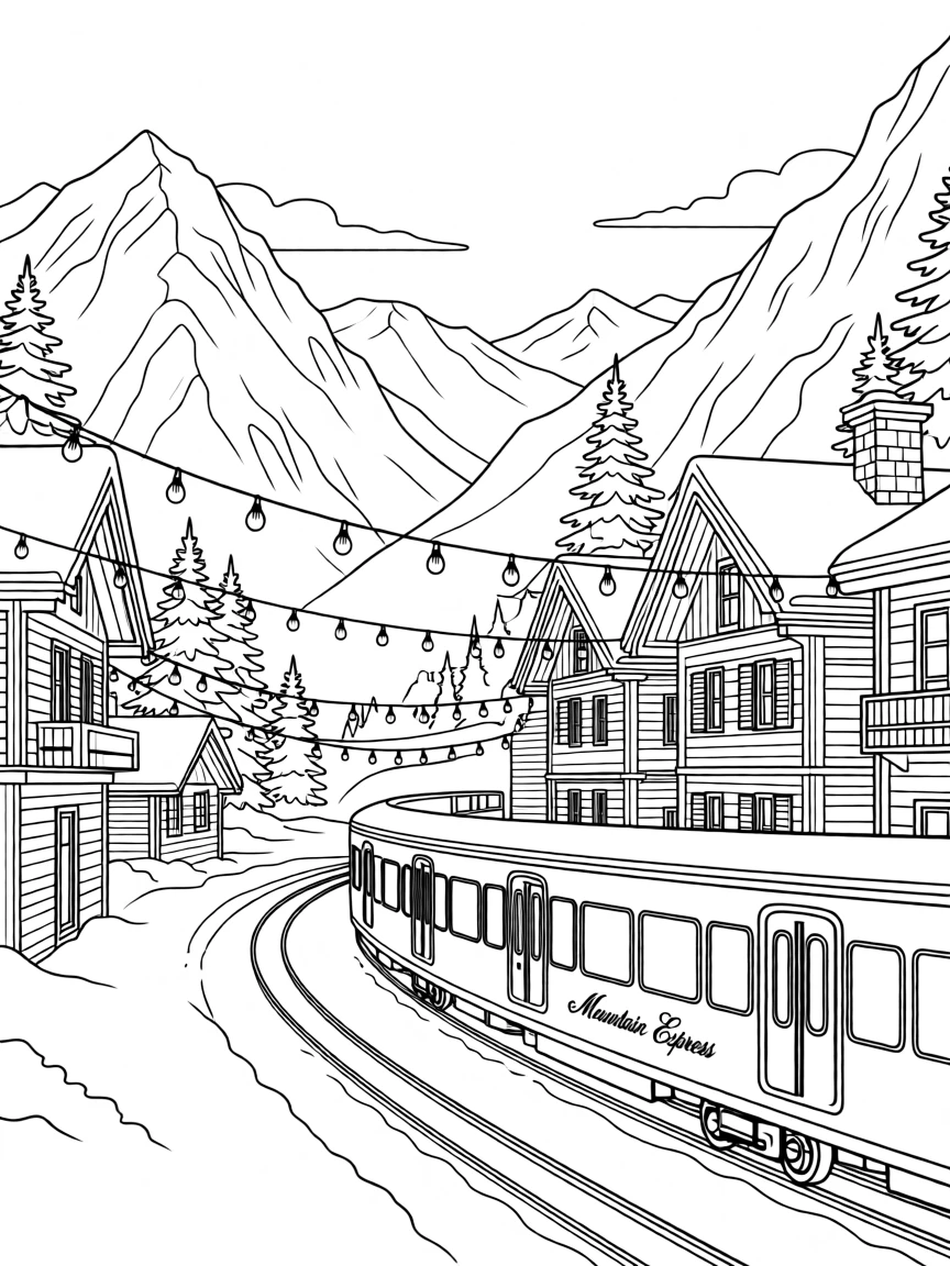 A train cutting through a snowy mountain pass, with string lights strung between old buildings.