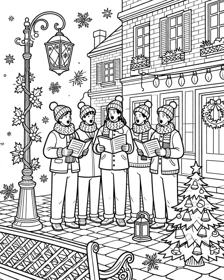 A Christmas caroling scene with a group singing beneath streetlamps.