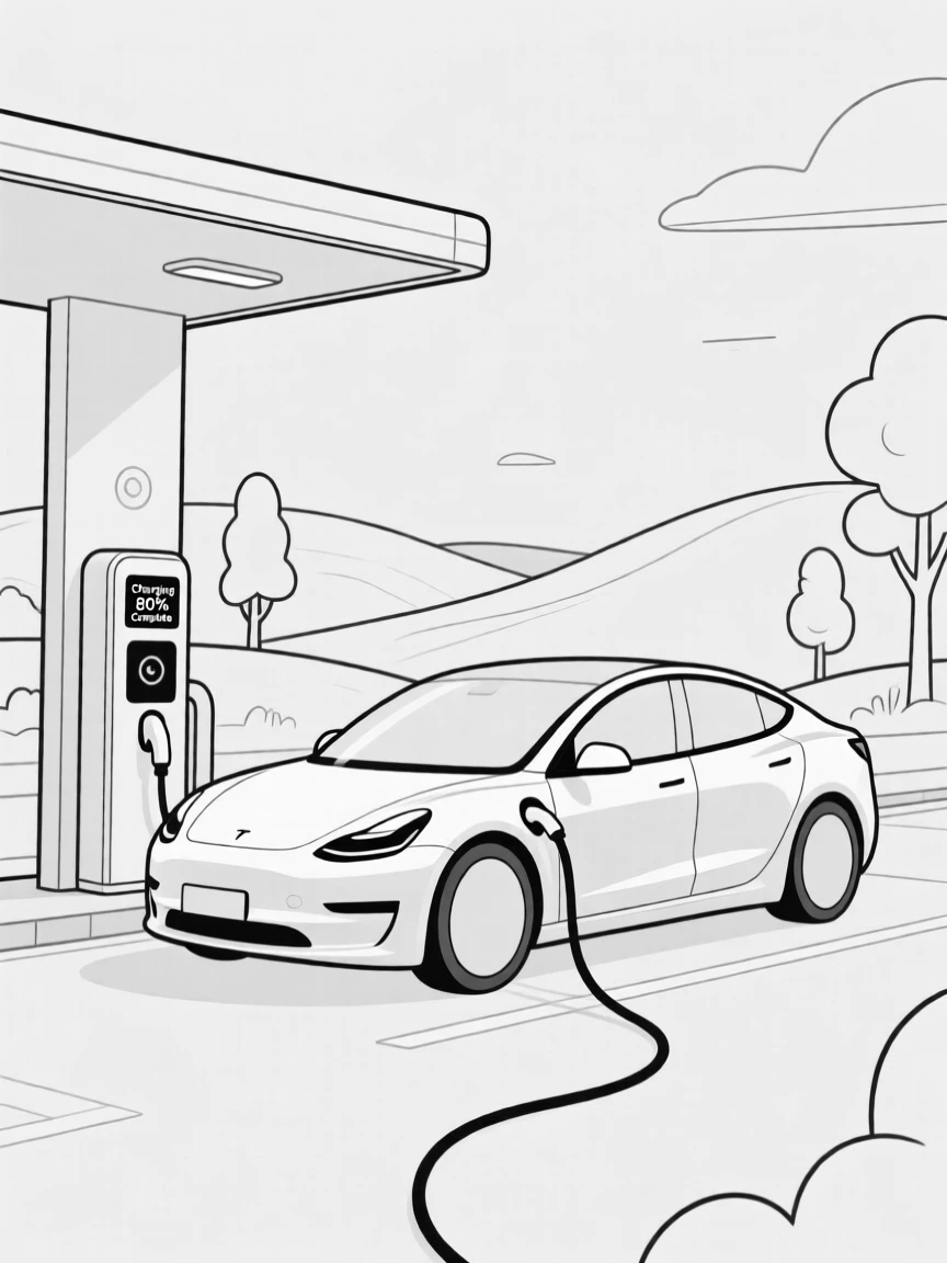 A modern electric car parked at a scenic charging station