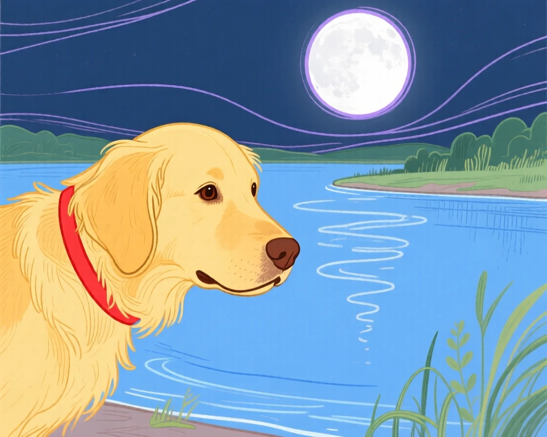 A golden retriever exploring beside a still lake under a full moon.