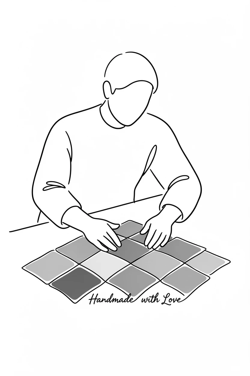 A quilter arranging fabric squares into a colorful patchwork pattern