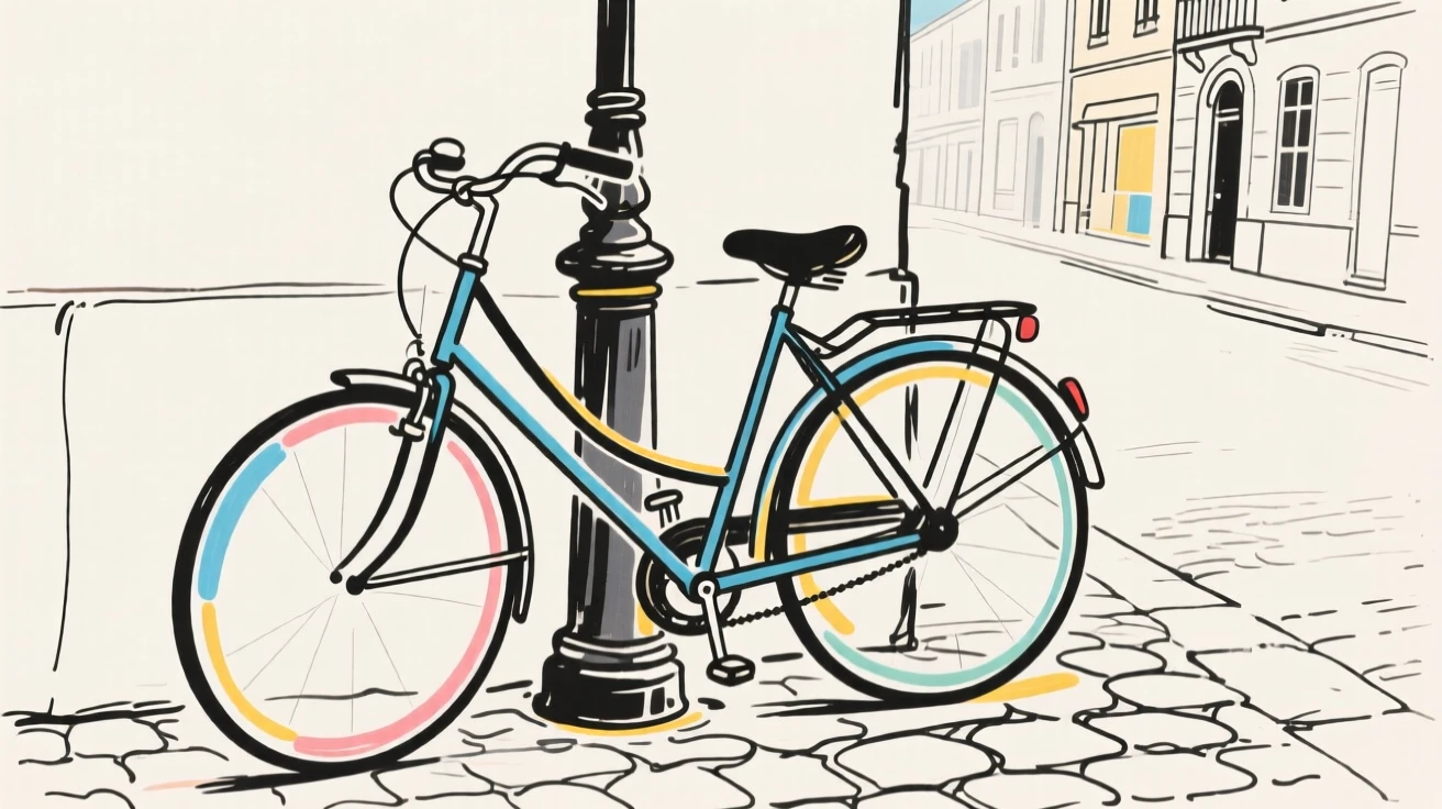 A bicycle leaning against a lamppost on a quiet European street.