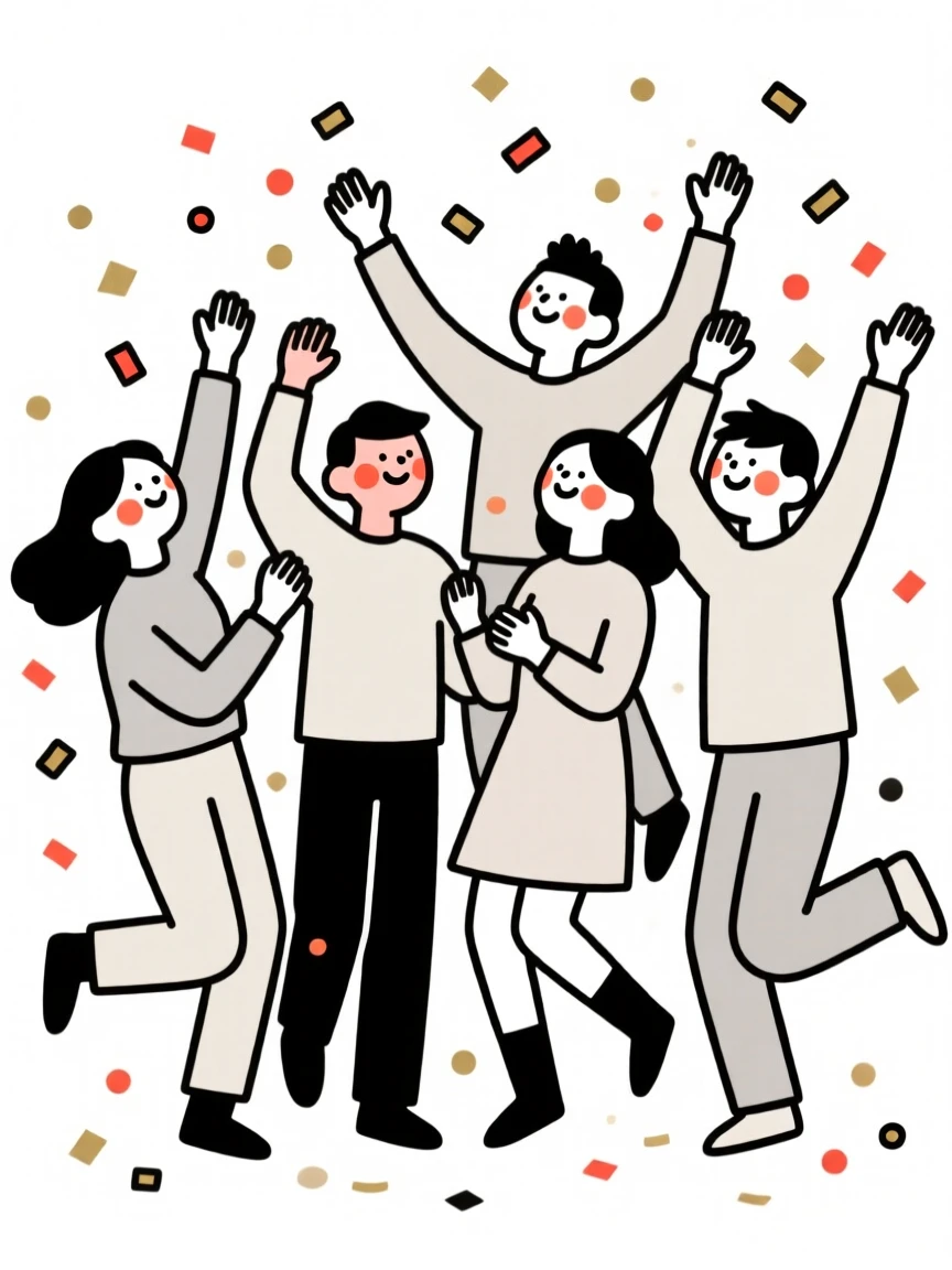 A group of friends throwing confetti at a New Year's party.