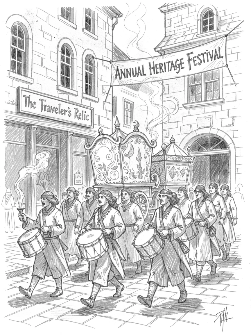 A rich travel moment capturing performers marching with vivid floats and drums in a historic old town square, with incense smoke curling gently upward.