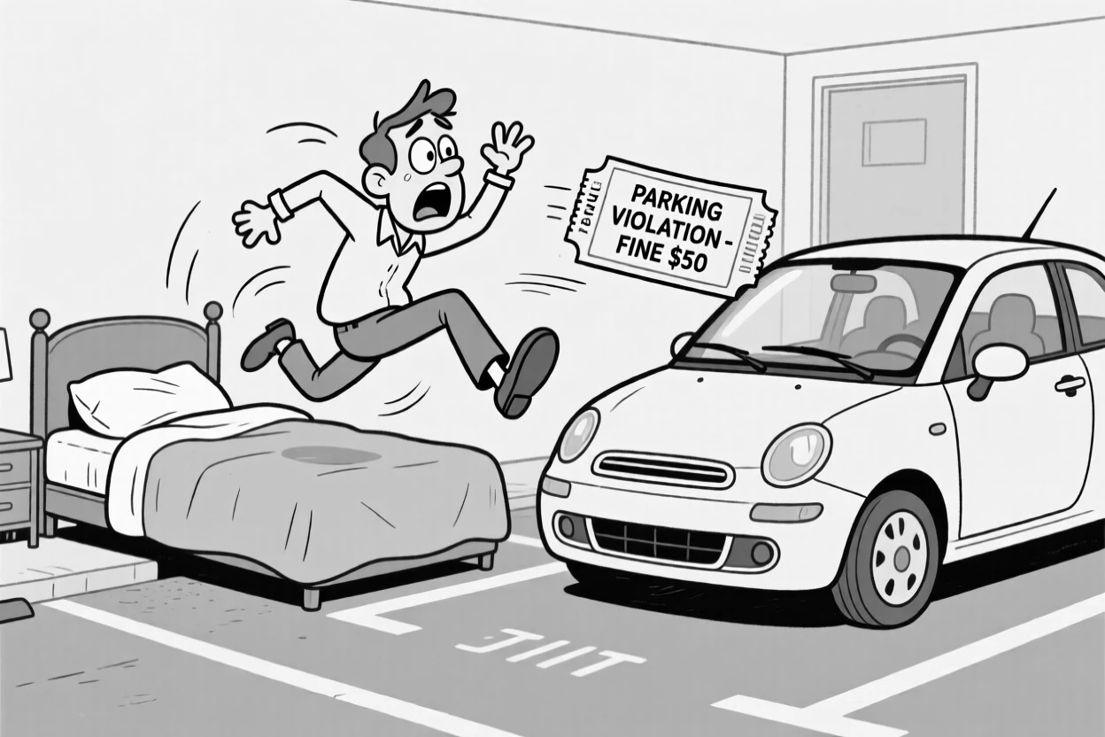 A late sleeper leaping out of bed in a panic, freezing mid-step with one foot dramatically raised, set in a tight apartment parking spot. A parking ticket flutters ominously under a wiper. The image turns a small mishap into pure comic gold.