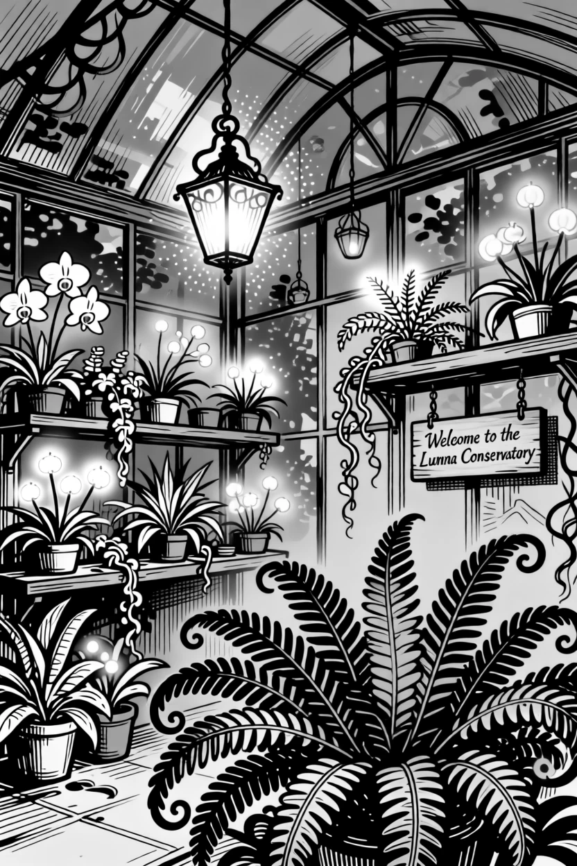 A magical greenhouse where plants glow softly with bioluminescent light.