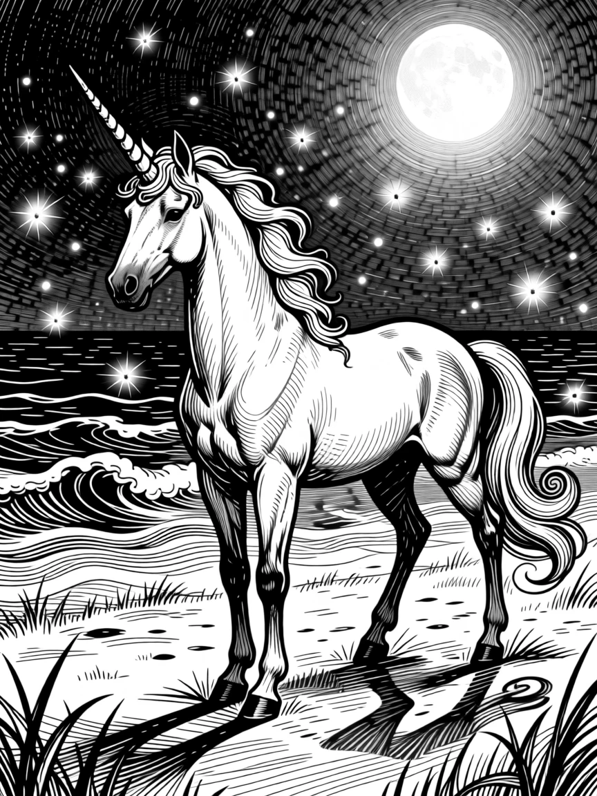 A unicorn grazing in a moonlit clearing at the edge of an endless enchanted sea, with fireflies swirling like tiny lanterns, forming a hauntingly beautiful fantasy scene.