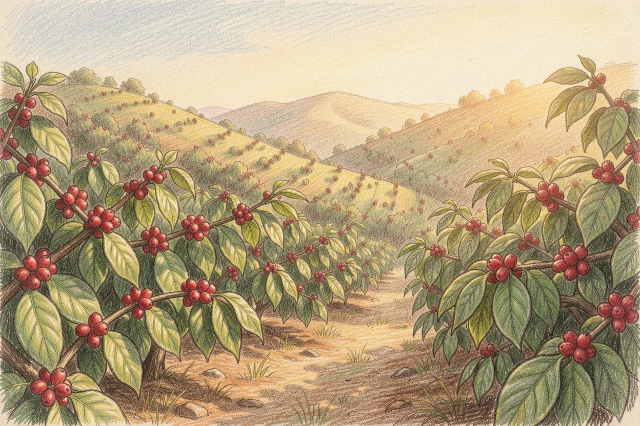 A coffee farm with ripe red cherries growing on sunlit hillsides, captured in a quiet, intimate moment full of atmosphere, designed to feel inviting, memorable, and shareable.
