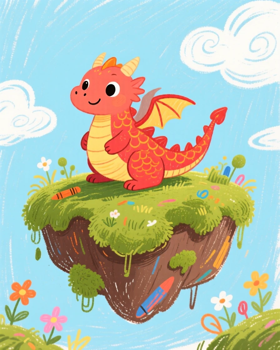 A young dragon perched atop a floating moss covered island.