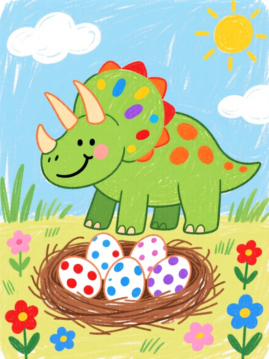 A friendly triceratops with three curved horns near a nest of speckled eggs in a warm clearing.