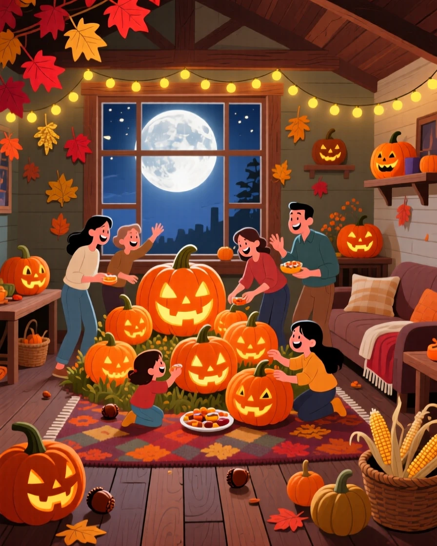 A Halloween pumpkin patch glowing under a full moon, set within a cozy home filled with festive cheer, arranged with joyful energy and dynamic movement, with a joyful sense of togetherness and celebration.