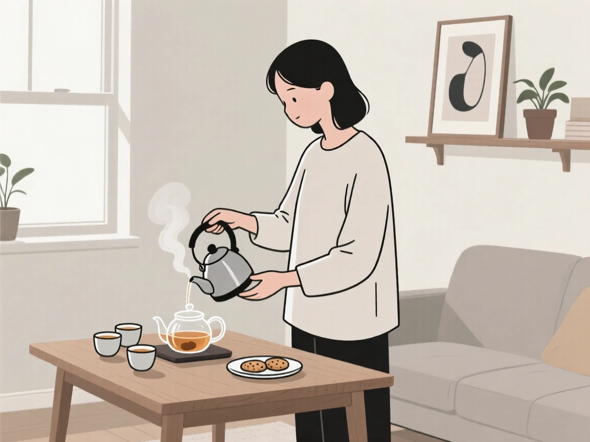 A person brewing a pot of tea in a quiet home studio.