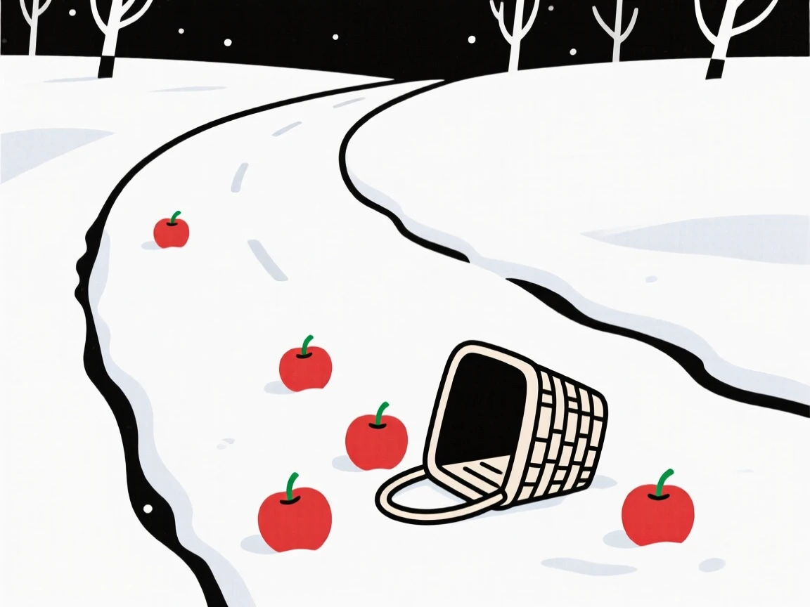 A quiet countryside road, transformed by blanket of fresh snow, with a basket of apples scattered throughout, captures seasonal renewal.