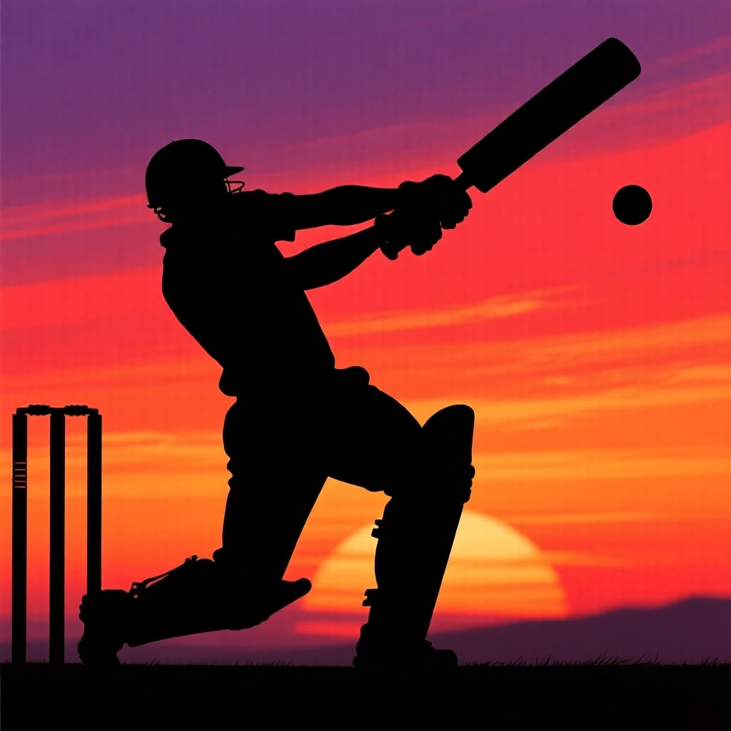 A cricket batsman mid-swing, ball frozen just off the bat.