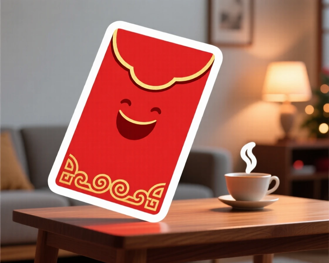 A spirited and joyful Chinese New Year red envelope with gold trim, glowing softly in the evening light, on a cozy holiday evening at home.