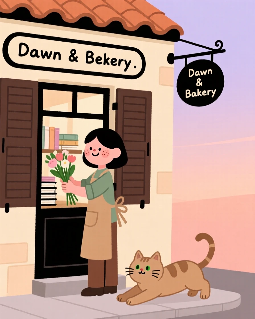 A young florist opens the shutters of a small bakery at dawn, arranging stacks of new books in the window as a cat stretches on the doorstep.