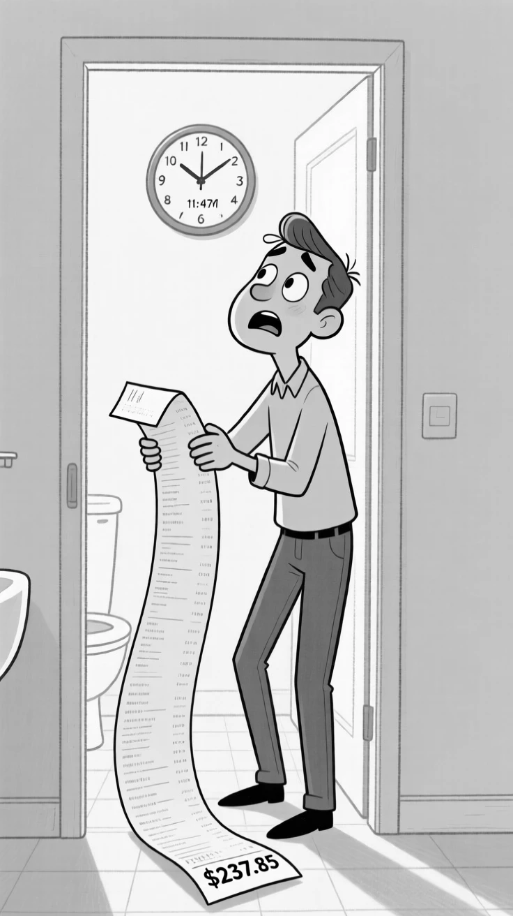 A person doing an enormous double-take at a grocery receipt, wincing with every single squeak of the wheel, set in a bathroom doorway. A clock on the wall reads an alarmingly late hour. It's the kind of relatable blunder everyone secretly recognizes.