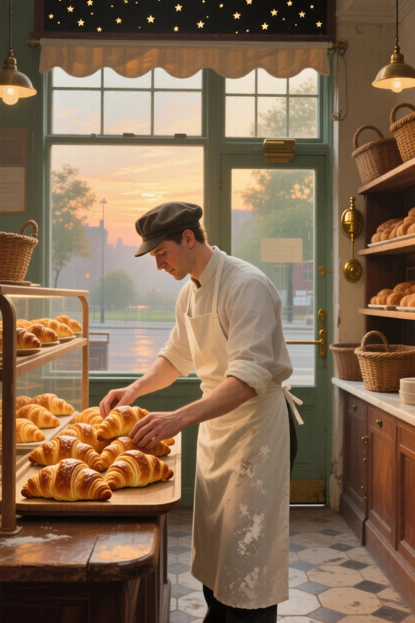 A medium shot of a baker arranging golden croissants in a sunlit shop window, at the start of a humid summer, under a canopy of stars.