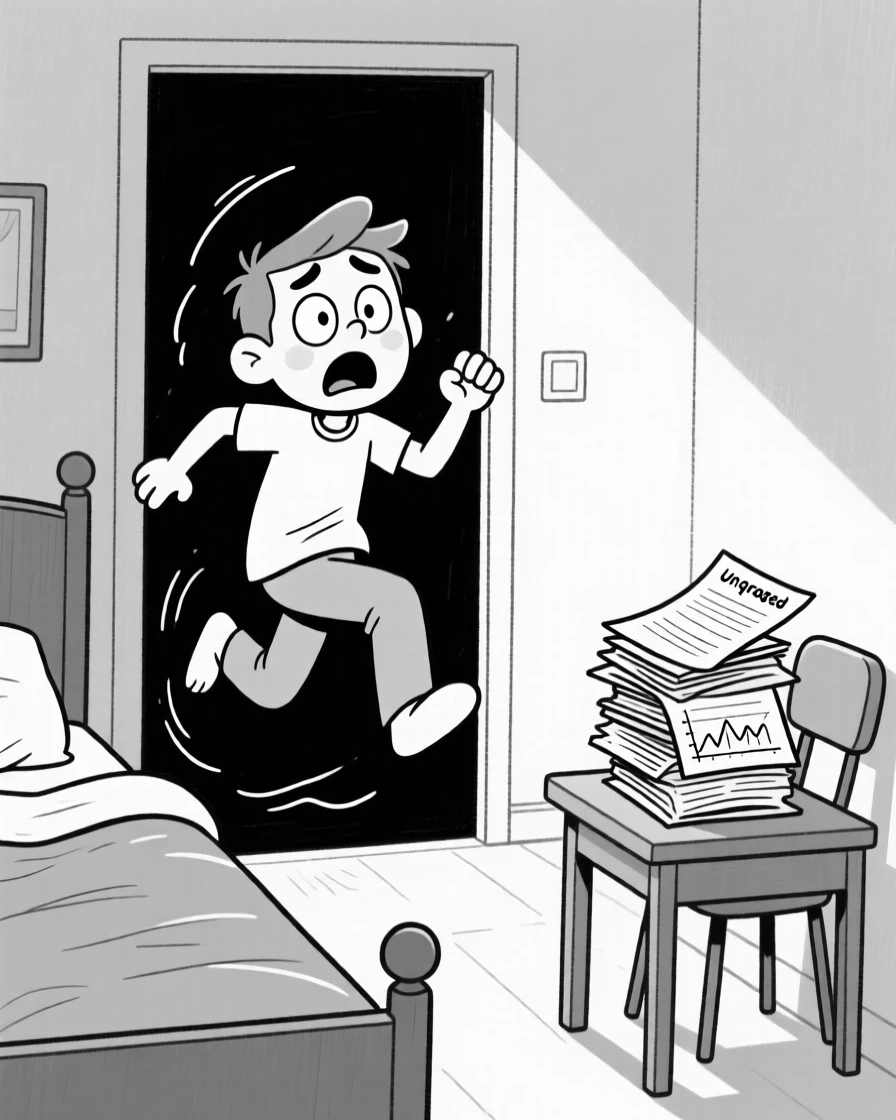 A late sleeper leaping out of bed in a panic, freezing mid-step in dawning realization, set in a dark hallway at home. A stack of ungraded papers teeters nearby. The scene captures the comedy hidden in ordinary days.