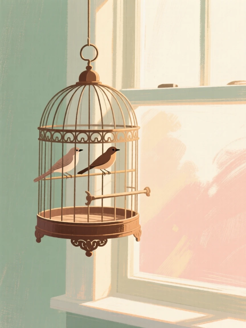 An antique birdcage hanging beside a window filled with morning light