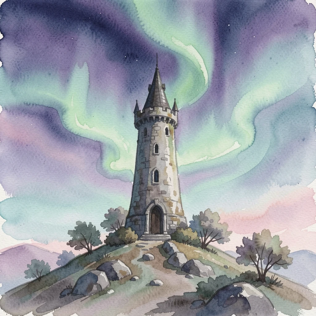 A wizard's tower surrounded by swirling northern lights under a sky full of swirling colors.