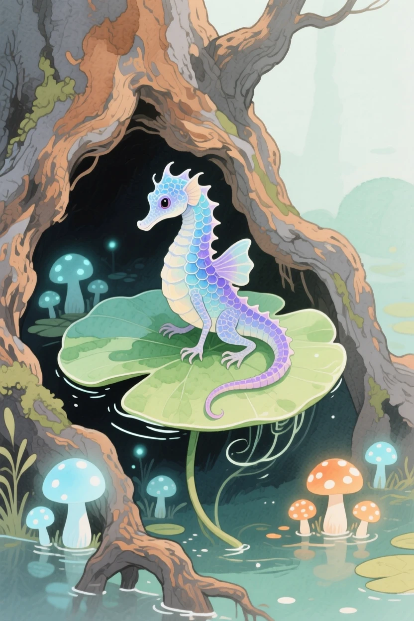 A tiny sea dragon rides atop a drifting lily pad in an ancient hollow oak, with glowing mushrooms lighting the path