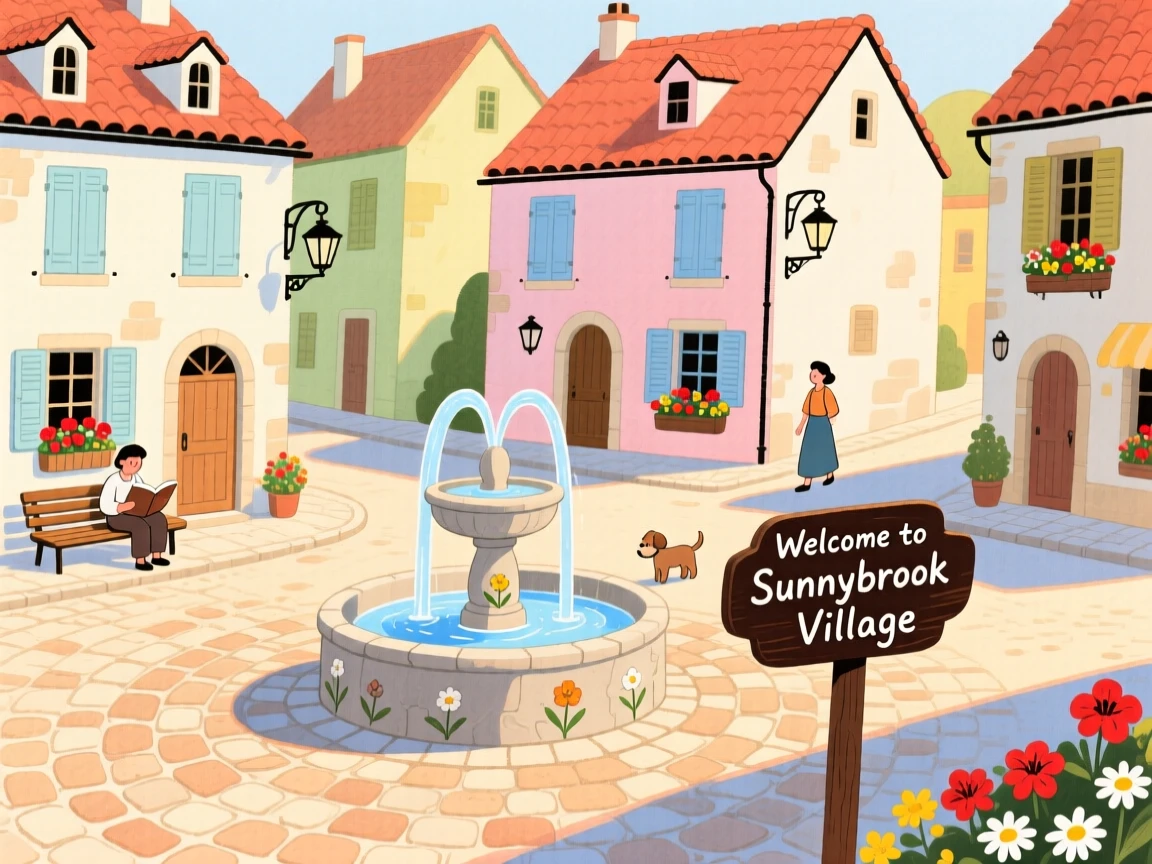 A charming village square with cobblestone streets, warm and inviting on a quiet afternoon.