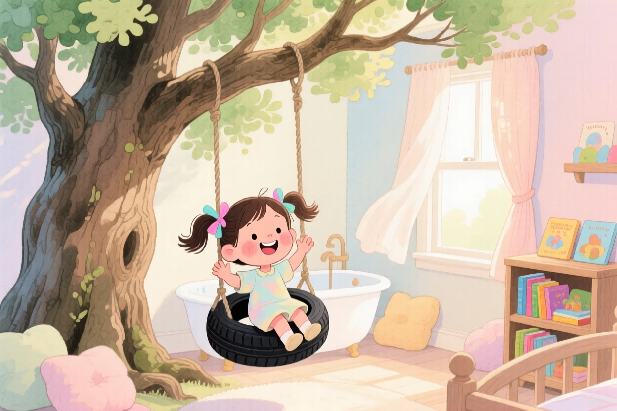 A little girl in pigtails waving from a tire swing hanging from an old oak tree, in a cozy nursery with soft pastel light, brimming with carefree happiness.