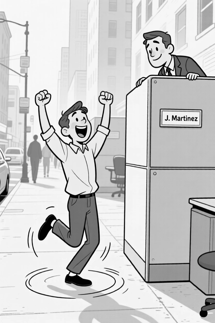 A person doing a triumphant fist pump after finding a parking spot, spinning in a full victory circle with fists raised, set on a busy morning sidewalk. A coworker peeks over a cubicle wall, smirking. The scene captures the comedy hidden in ordinary days.